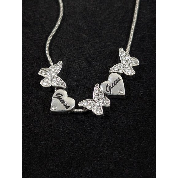 Guess Heart Crystal Butterfly Slide Charm Necklace Silver Tone 20 inches - Picture 1 of 11